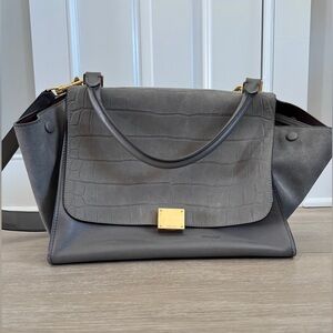 Celine Two Tone Grey croc embossed leather and suede medium trapeze top handle